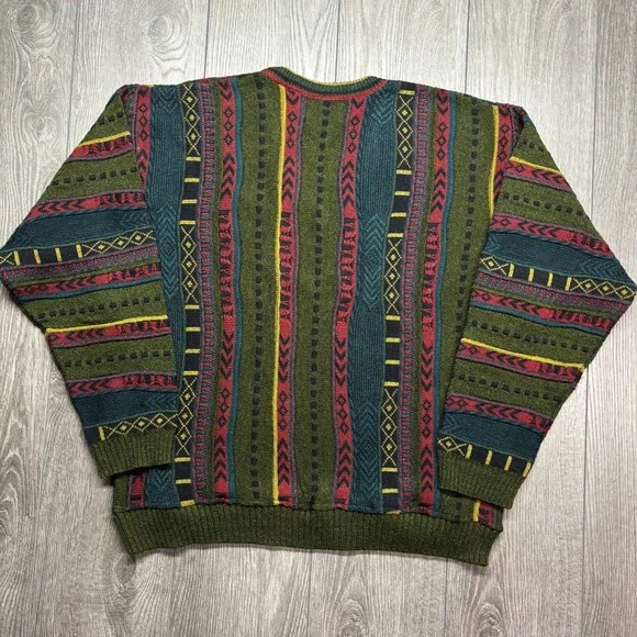 Hyde Park Mens Vintage 3D Knit Sweater V-Neck Green Red Striped 3D Style L - Picture 5 of 8